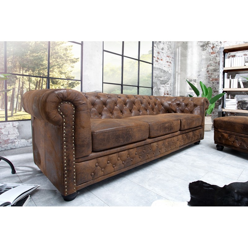 3-Sitzer Sofa Vintage Lederoptik - 220cm Breite, Braunes Kunstleder Mit Metallfüßen