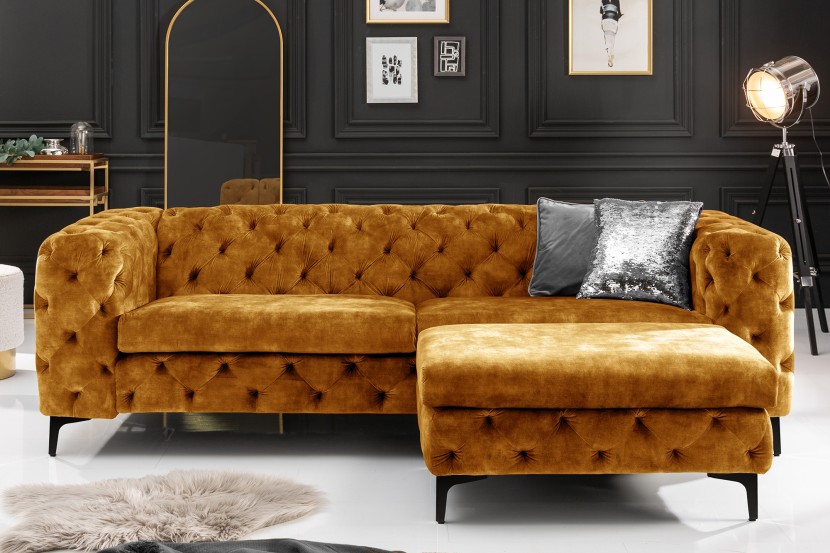 Chesterfield 3er Sofa MODERN BAROCK 235cm senfgelb Samt 3Sitzer
