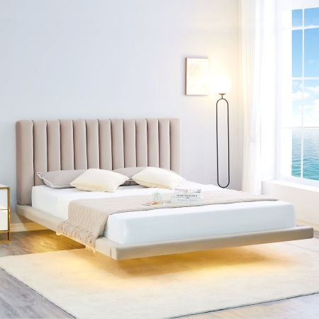 Lit design flottant FLAT avec LED -  Velours Taupe