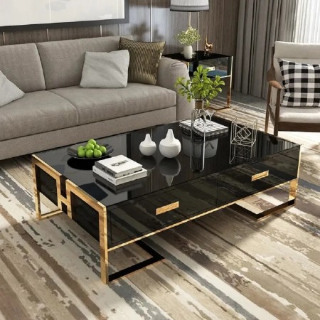 Schwarzer Couchtisch mit Schubladen Gold lackiert Basis...