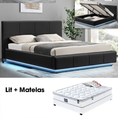 Ensemble matelas sommier coffre noir 180 Alexi