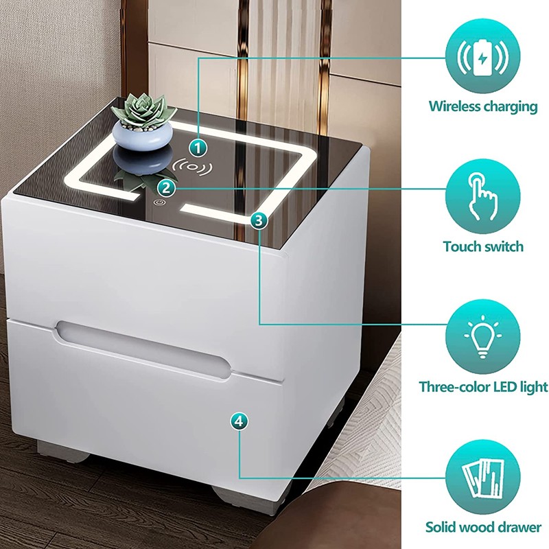 Set di 2 comodini con altoparlante Bluetooth e funzione di ricarica wireless, comodino con luce LED dimmabile, presa e 3 cassetti, 2 USB tipo C