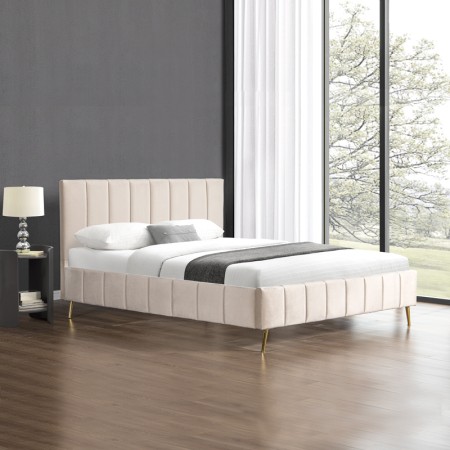 Lit design sommier velours pied or AUSTER -  Velours Beige