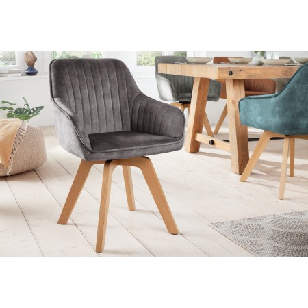 Drehbarer Design Stuhl LIVORNO grau Samt Buchenholz Beine