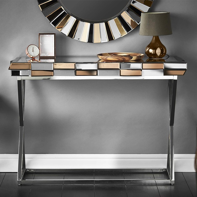 Console in oro rosa con vetro a specchio 3D