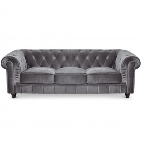 Chesterfield 3-Sitzer Sofa -  Grau Samt
