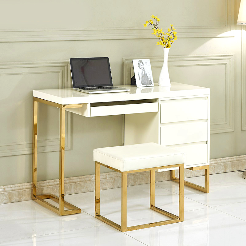scrivania per computer in bianco e cornice effetto oro con cassetti