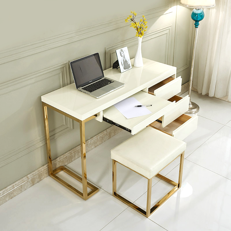 scrivania per computer in bianco e cornice effetto oro con cassetti