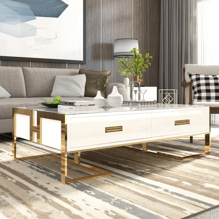 Weißer Couchtisch mit Schubladen Gold lackiert Basis Luxuria