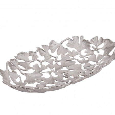  Dekorative Schale GINKGO LEAFS 50cm silber handmade Metall 