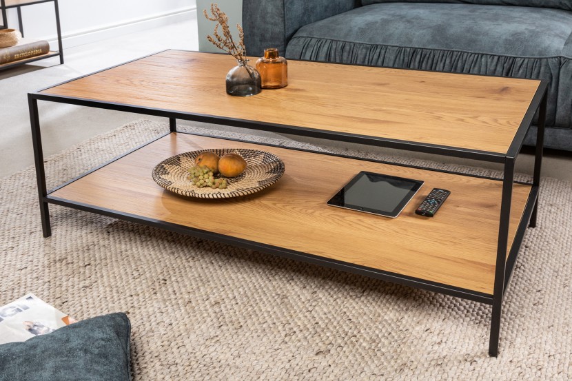 Table basse industrielle SLIM LINE 120cm chêne sauvage noir avec deux