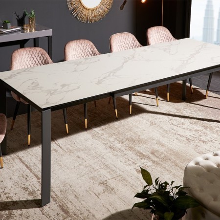 Table de salle à manger rallonges X7 180-240cm blanc aspect marbre Plateau céramique