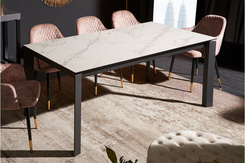 Table de salle à manger rallonges X7 180-240cm blanc aspect marbre