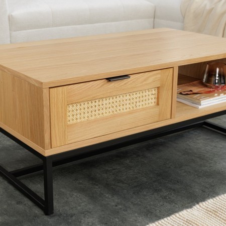 Table basse design VIENNA 100cm chêne viennois tressé rotin