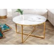 Elégante table basse ronde 80cm blanche verre cristal avec décor marbre piètement doré