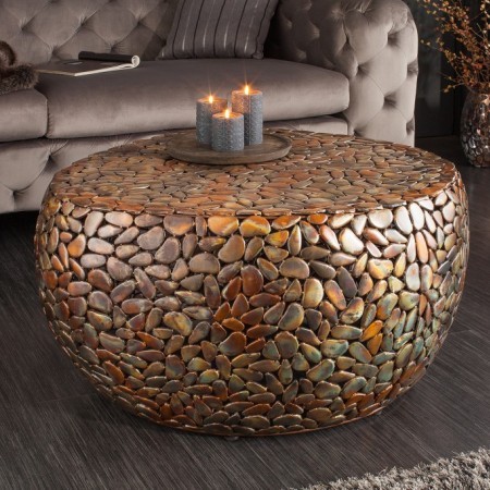 Table basse artisanale STONE MOSAIC 72cm cuivre aspect...