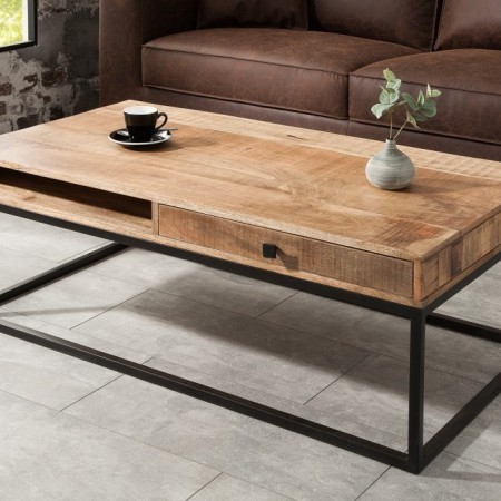 Massiver Couchtisch IRON CRAFT 100cm Mangoholz mit Schublade