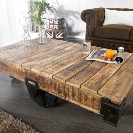 Massiver Design Couchtisch RAILWAY 120cm Mangoholz mit 4...